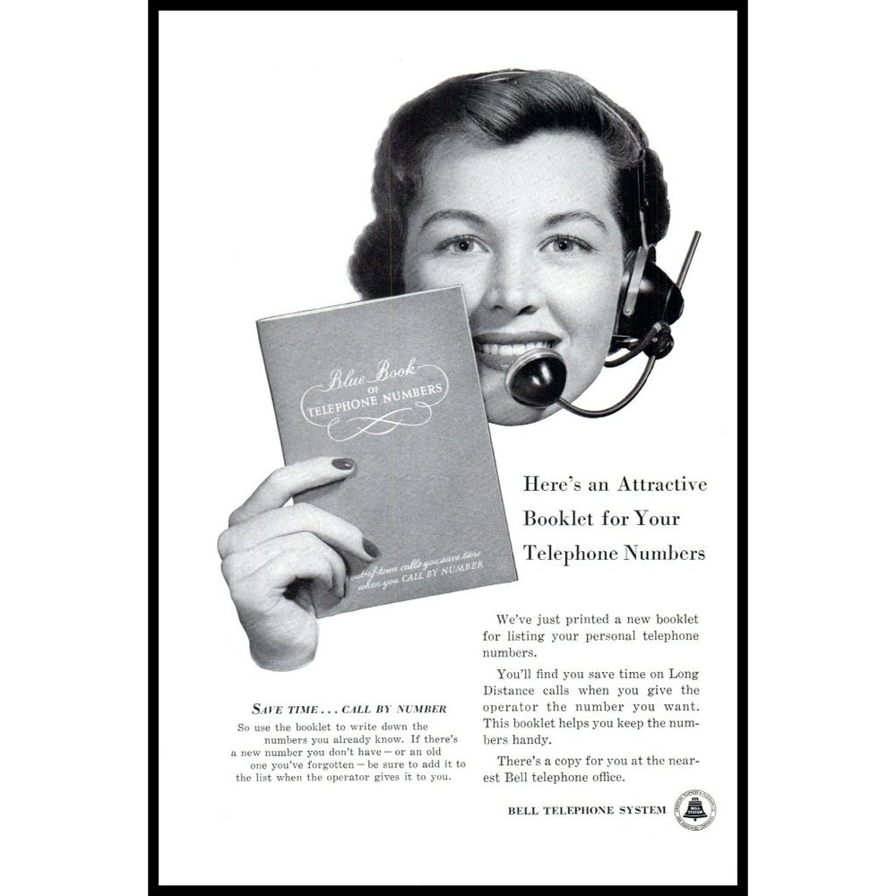 1953 Bell Telephone System Operator Phone Number Book Vintage Print Ad Wall Art